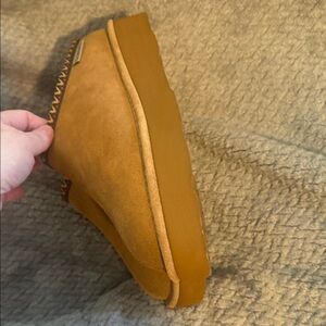 BearPaw Camel Suede Shearling Clog Slippers